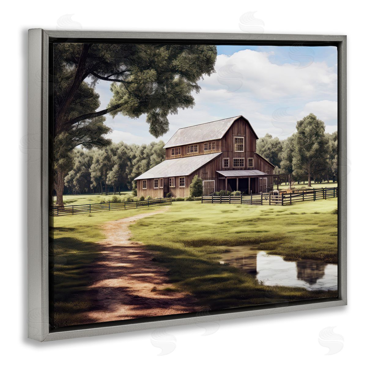 Ray Powers Farmhouse Barn & Stream Gray Floater Frame Canvas Artside_