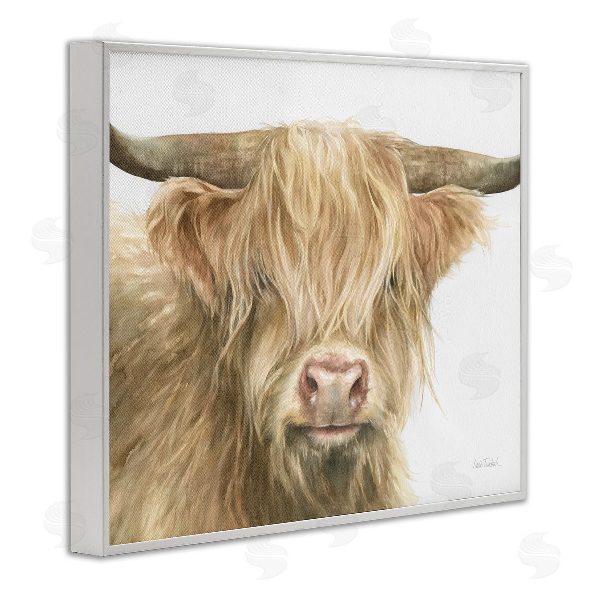 Leslie Trimbach Longhorn Cattle Painting White Framed Giclee Wall Artside_