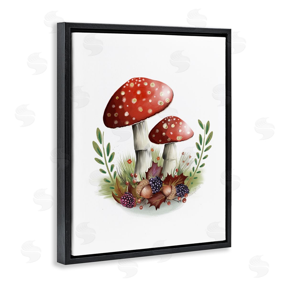 Studio Q Red Mushrooms & Acorns Black Floater Frame Canvas Artside_