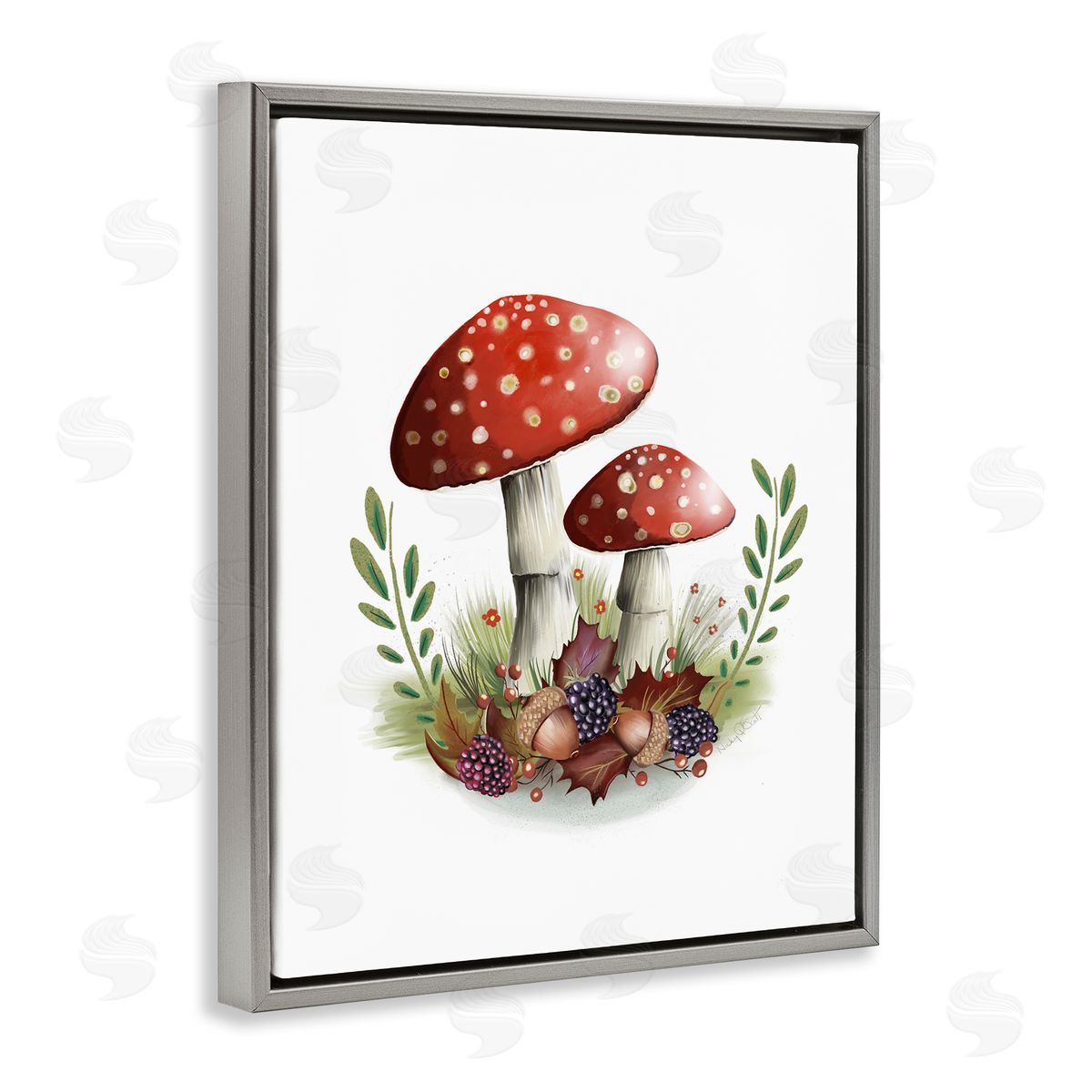 Studio Q Red Mushrooms & Acorns Gray Floater Frame Canvas Artside_