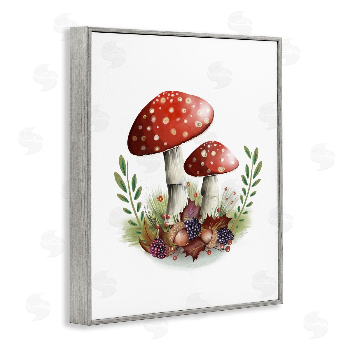 Studio Q Red Mushrooms & Acorns Gray Framed Giclee Wall Artside_