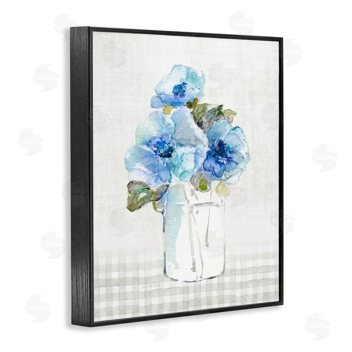 Sally Swatland Blue Flowers on Tartan Black Framed Giclee Wall Artside_