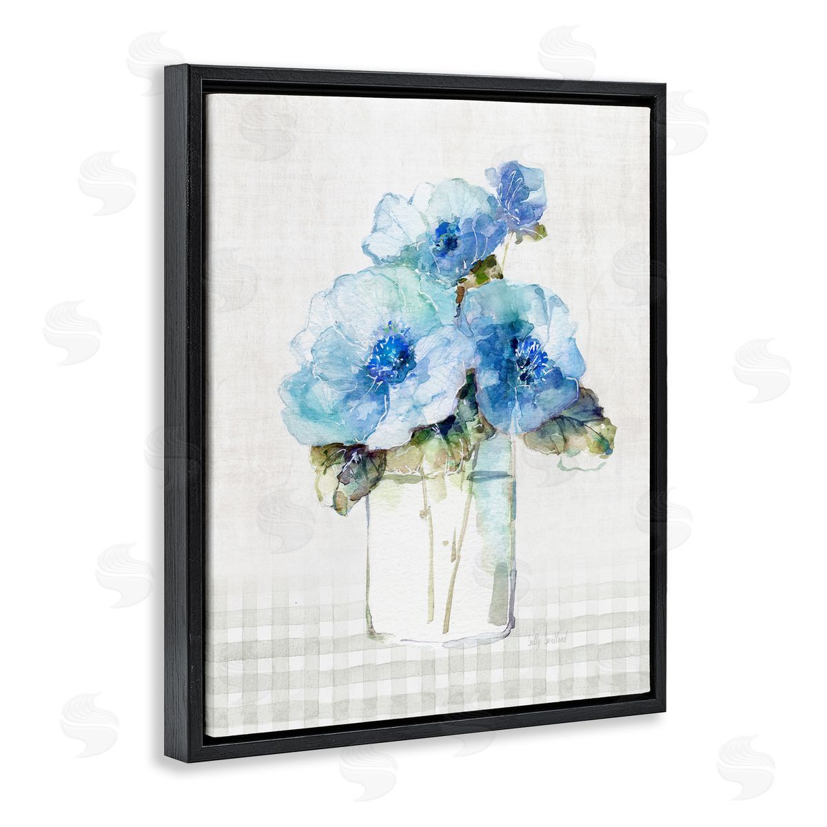 Sally Swatland Plaid Blue Flowers Black Floater Frame Canvas Artside_