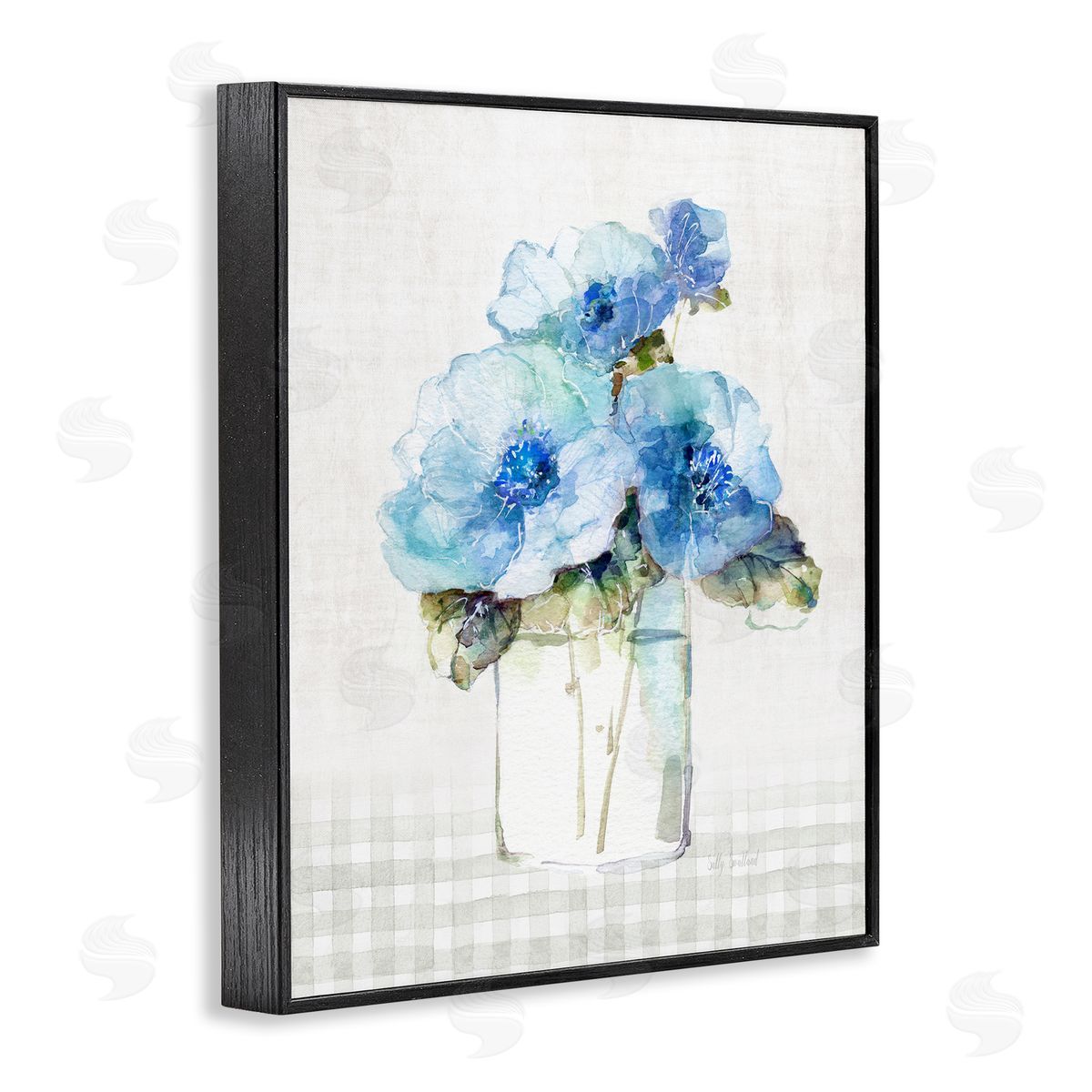 Sally Swatland Plaid Blue Flowers Black Framed Giclee Wall Artside_