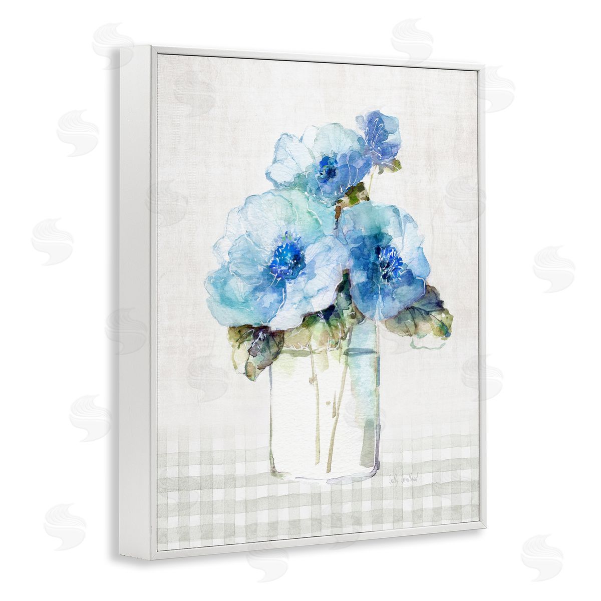 Sally Swatland Plaid Blue Flowers White Framed Giclee Wall Artside_