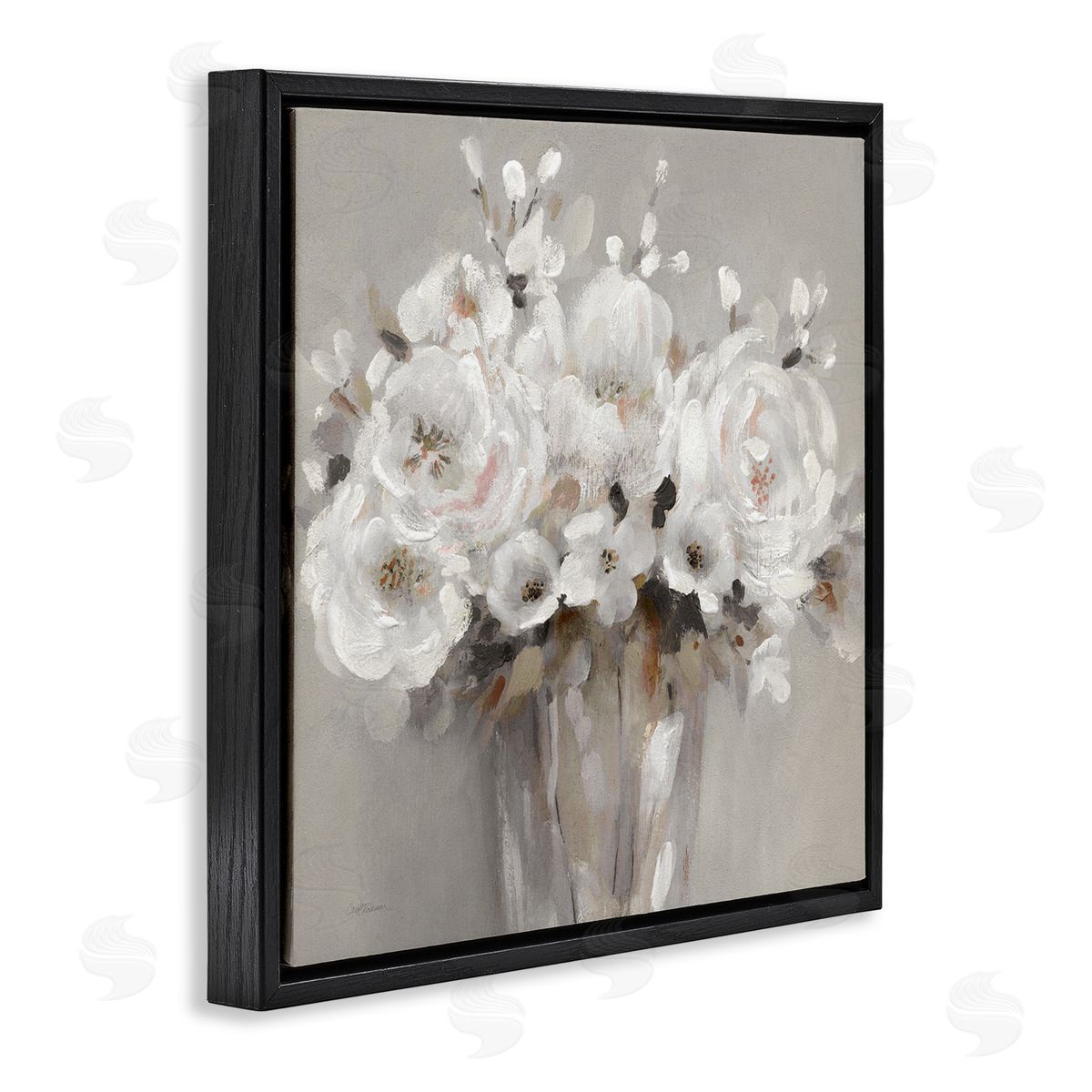 White Flower Bunches Black Floating Frame Canvas Wall Art, Home Decor by Carol Robinson