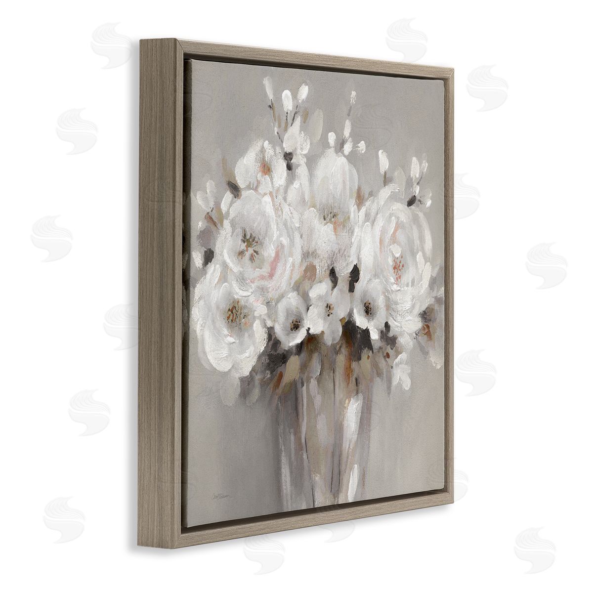 White Flower Bunches Brown Floating Frame Canvas Wall Art, Home Decor by Carol Robinson