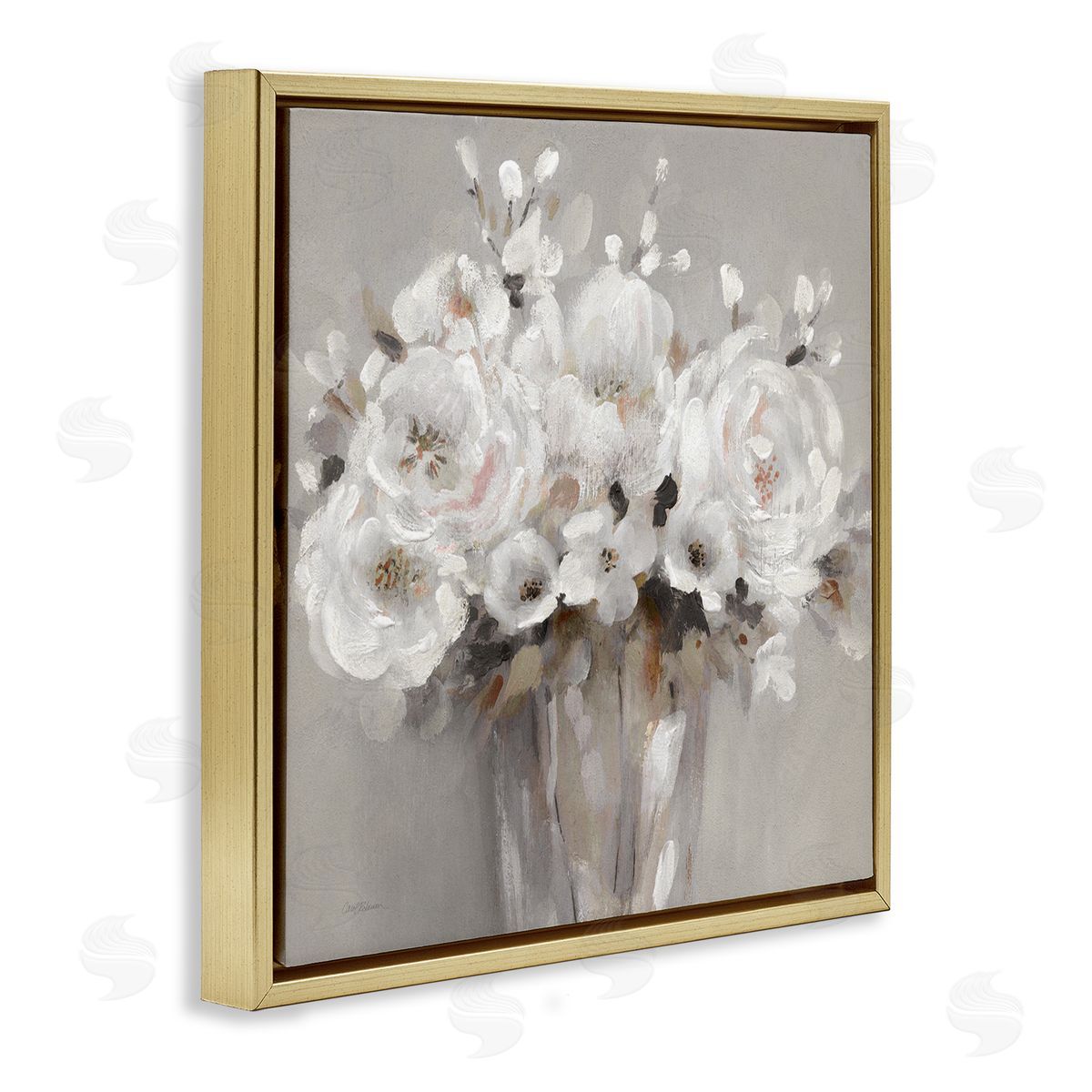 White Flower Bunches Gold Floating Frame Canvas Wall Art, Home Decor by Carol Robinson