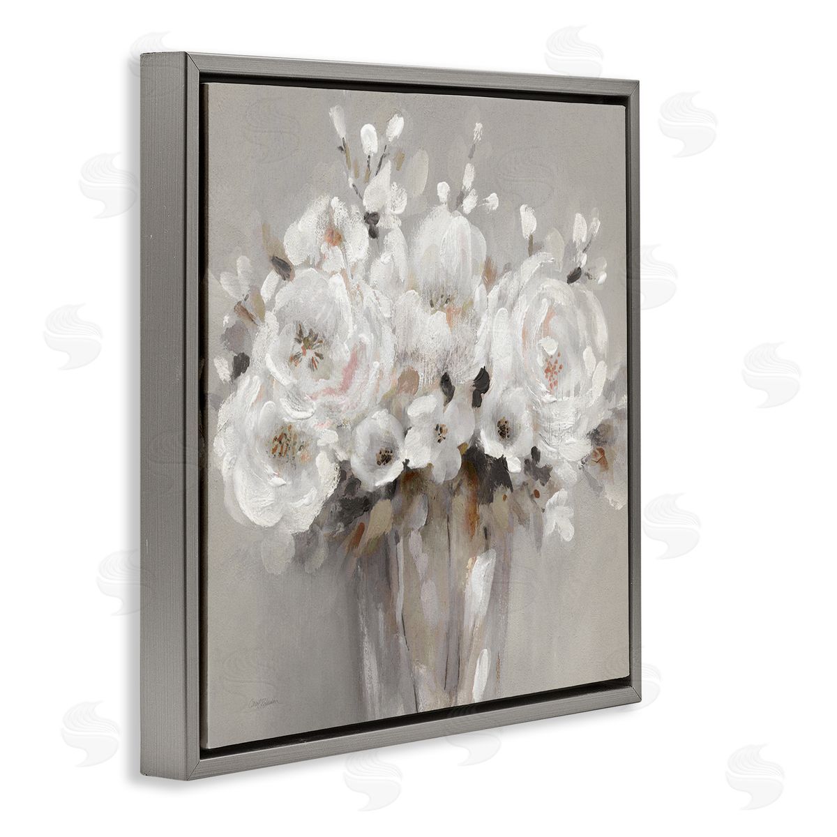 White Flower Bunches Grey Floating Frame Canvas Wall Art, Home Decor by Carol Robinson