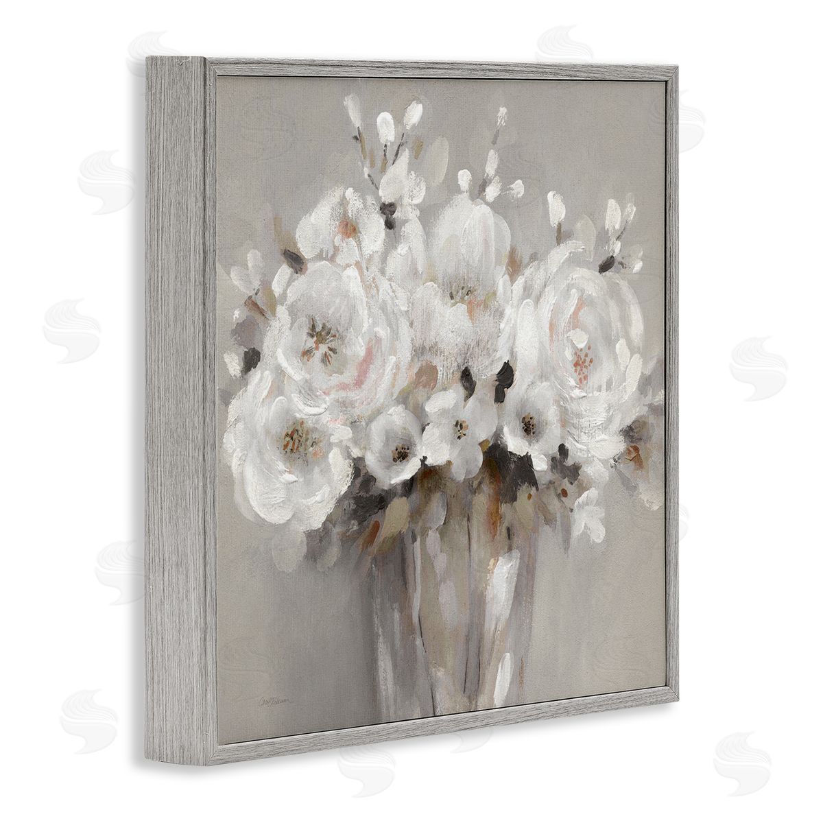 White Flower Bunches Grey Frame Print Wall Art, Home Decor by Carol Robinson