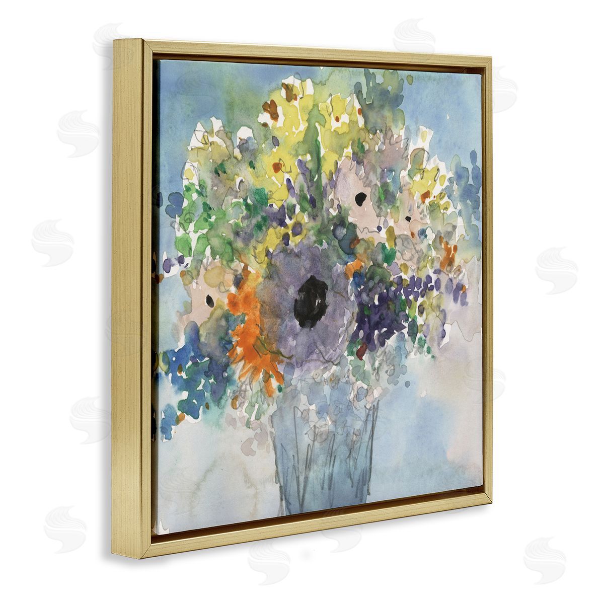 Samuel Dixon Blue Bouquet Watercolor Gold Floater Frame Canvas Artside_