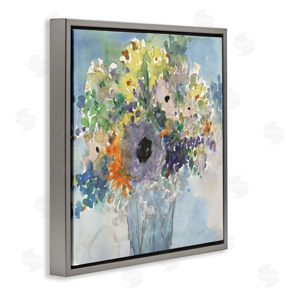 Samuel Dixon Blue Bouquet Watercolor Gray Floater Frame Canvas Artside_