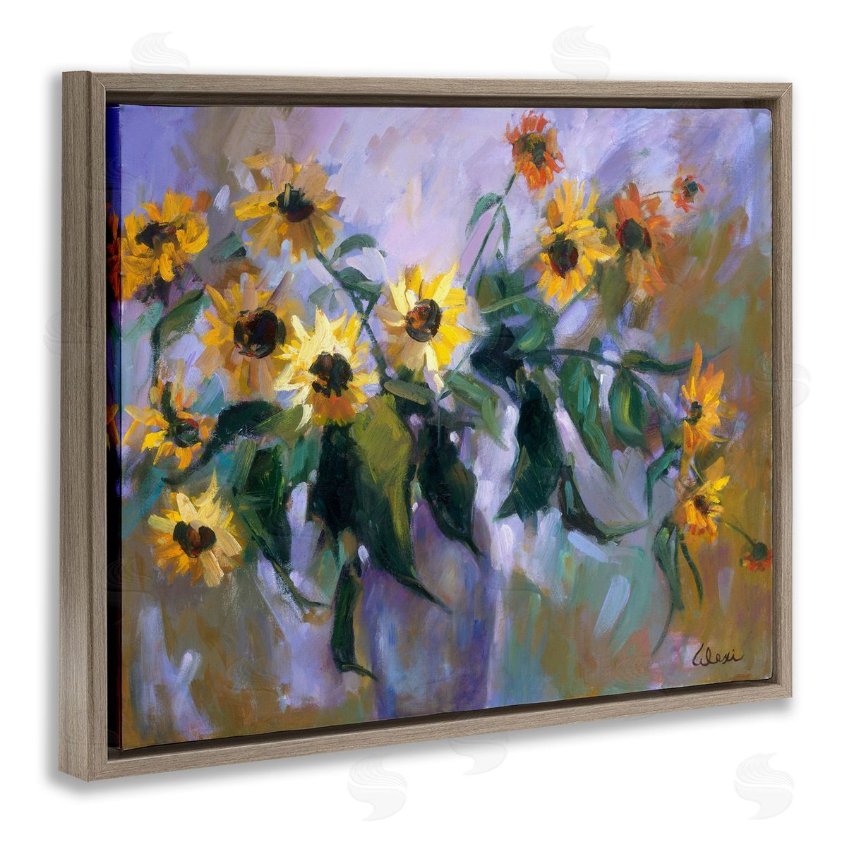 Alexi Fine Purple Sunflowers Painting Brown Floater Frame Canvas Artside_