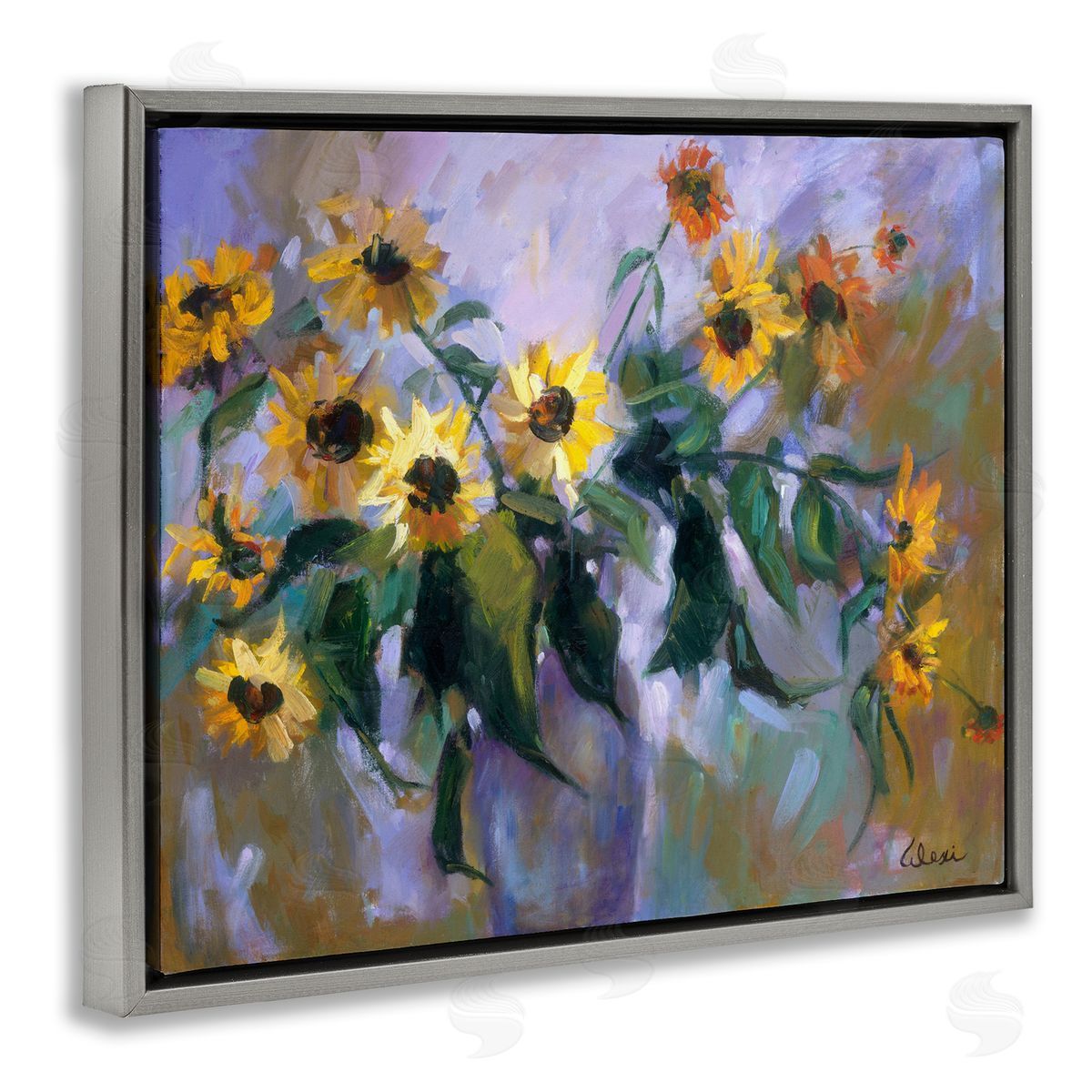 Alexi Fine Purple Sunflowers Painting Gray Floater Frame Canvas Artside_