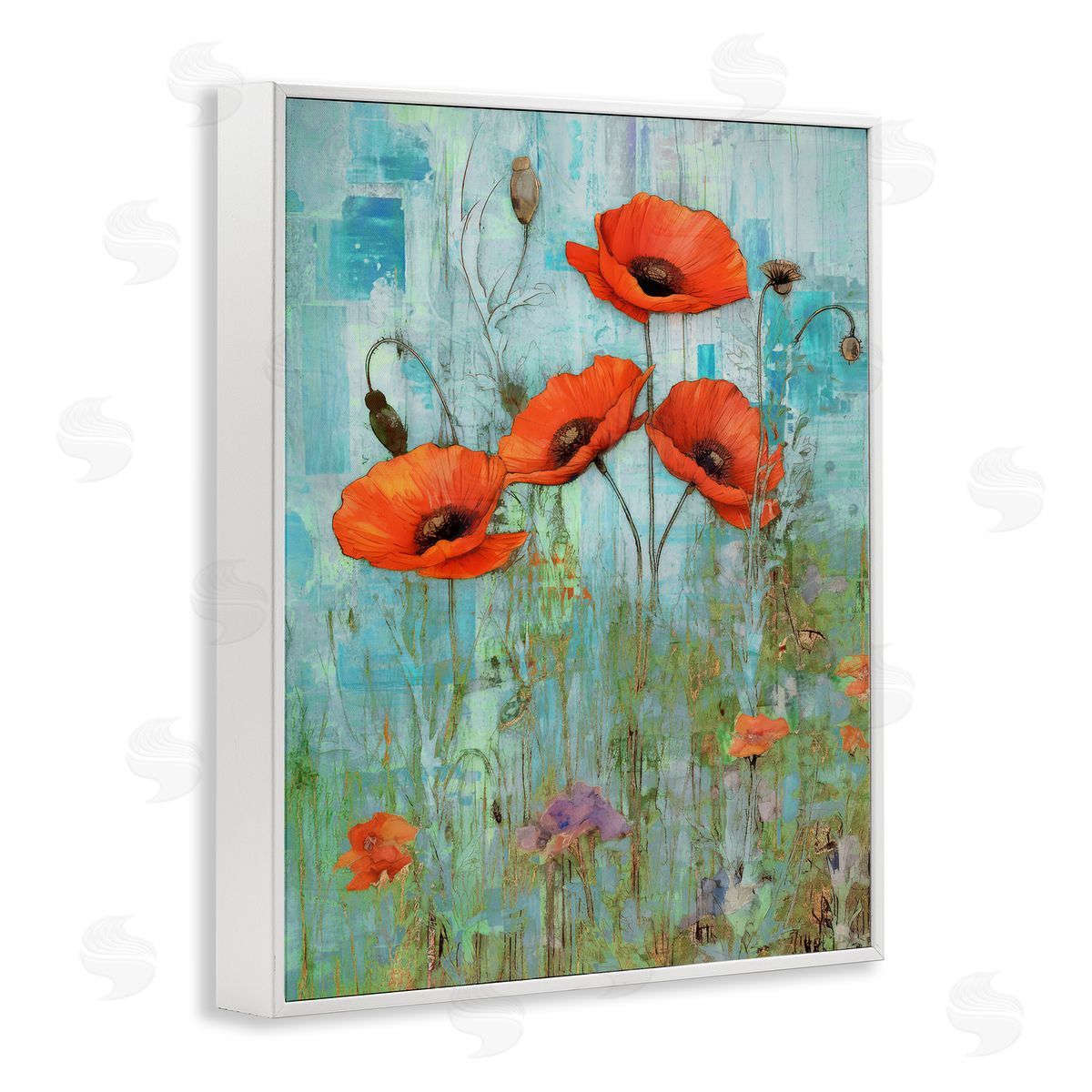 Enrico McGarrigle Poppy Meadow on Blue White Framed Giclee Wall Artside_
