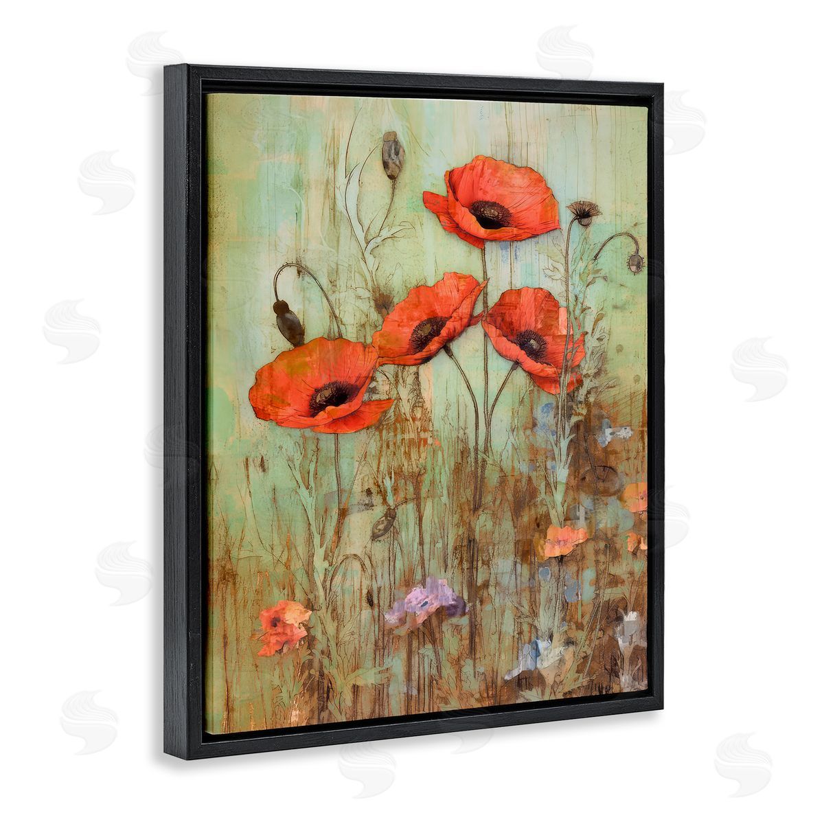 Rustic Red Poppies Black Floating Frame Canvas Wall Art, Home Decor by Enrico McGarrigle