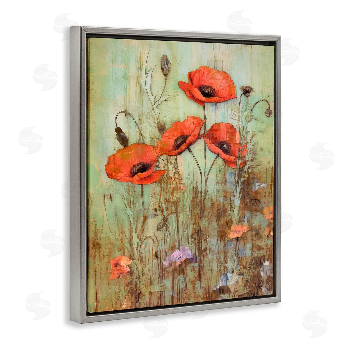 Rustic Red Poppies Grey Floating Frame Canvas Wall Art, Home Decor by Enrico McGarrigle