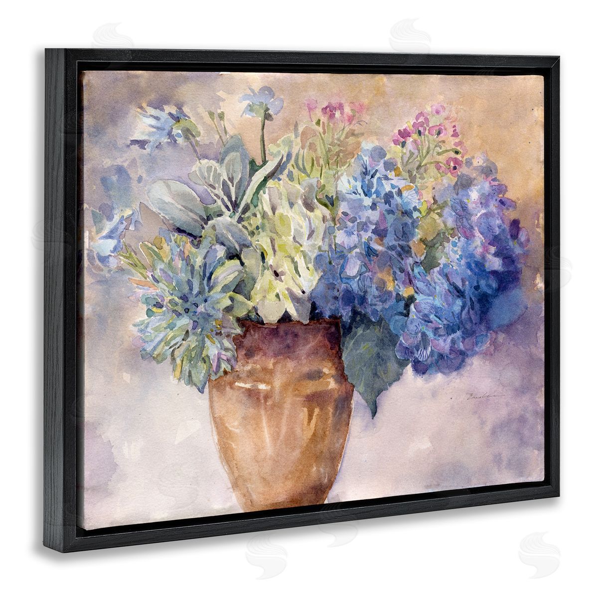 Purple Hydrangea Painting Black Floating Frame Canvas Wall Art, Home Decor by Evelia Designs