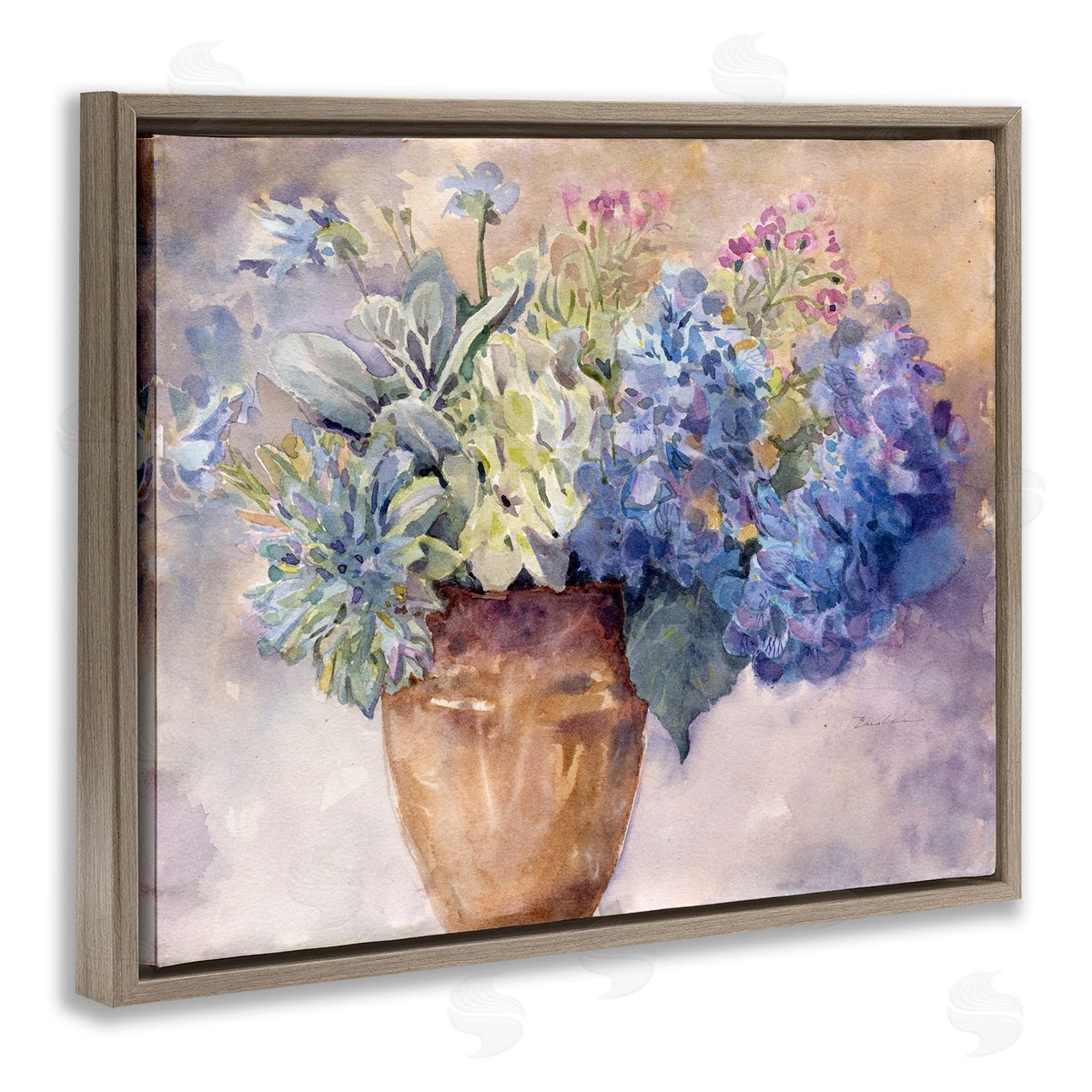 Purple Hydrangea Painting Brown Floating Frame Canvas Wall Art, Home Decor by Evelia Designs