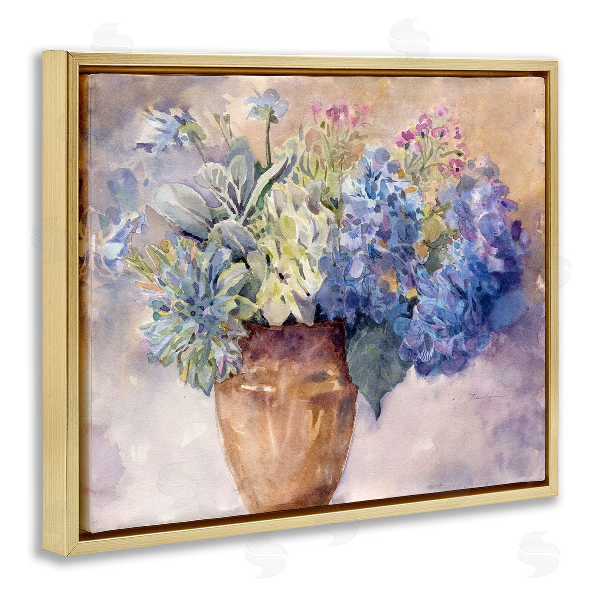 Purple Hydrangea Painting Gold Floating Frame Canvas Wall Art, Home Decor by Evelia Designs