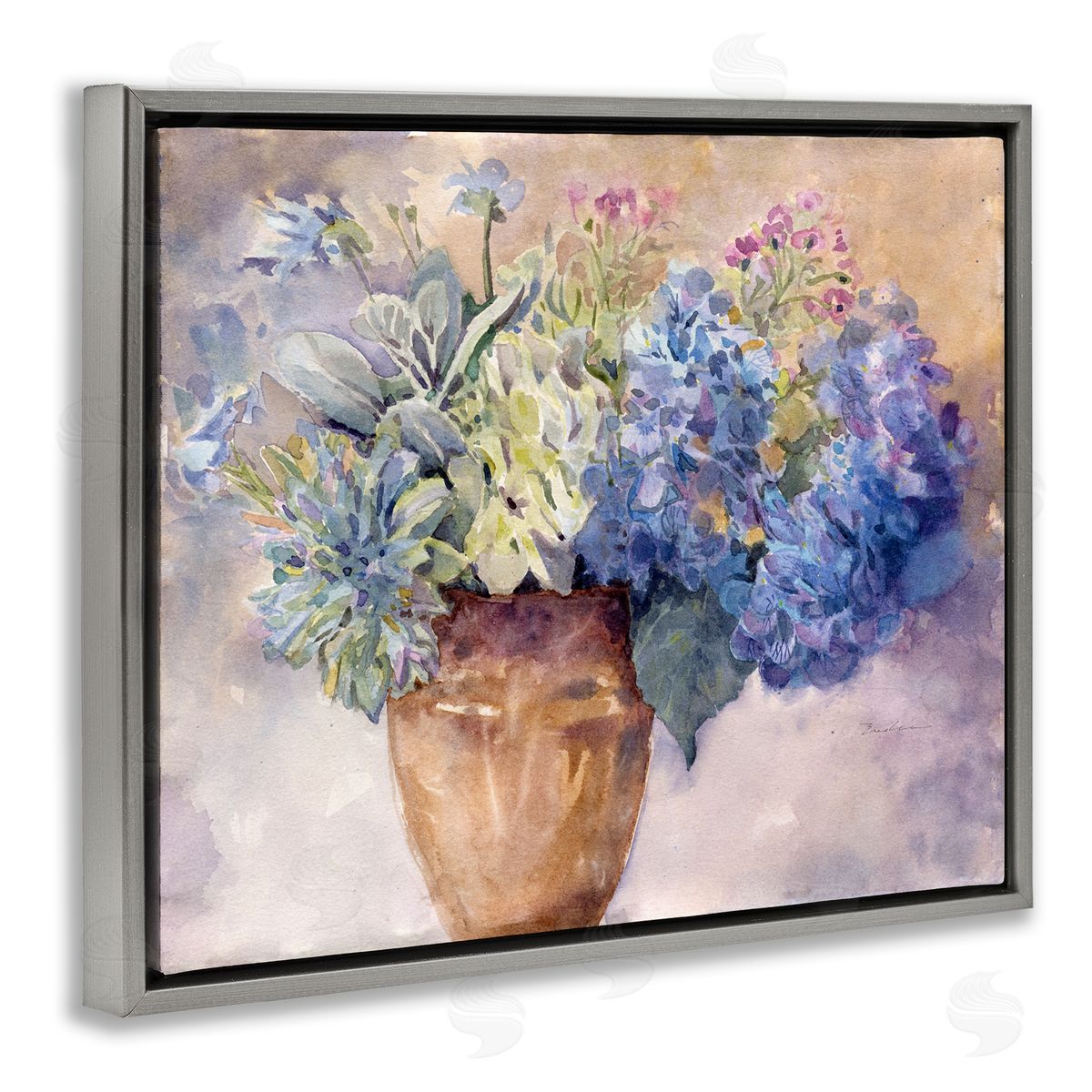 Purple Hydrangea Painting Grey Floating Frame Canvas Wall Art, Home Decor by Evelia Designs