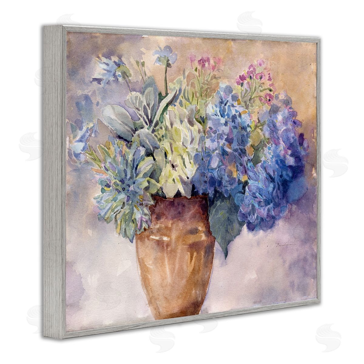 Purple Hydrangea Painting Grey Frame Print Wall Art, Home Decor by Evelia Designs