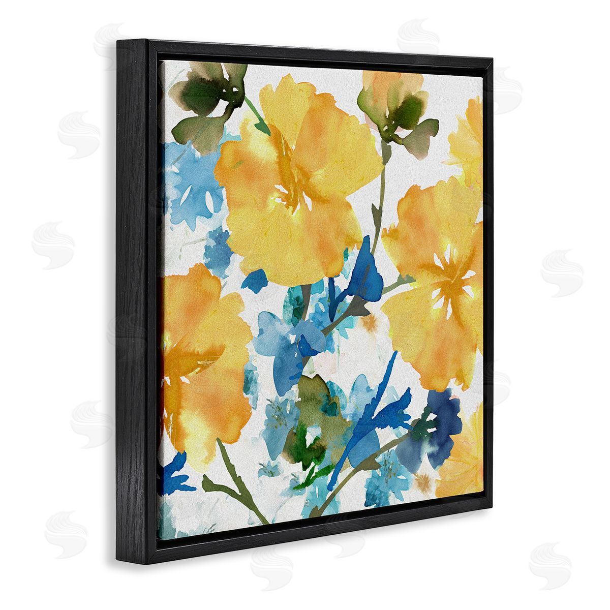 Yellow & Blue Hibiscus Black Floating Frame Canvas Wall Art, Home Decor by Flora Kouta