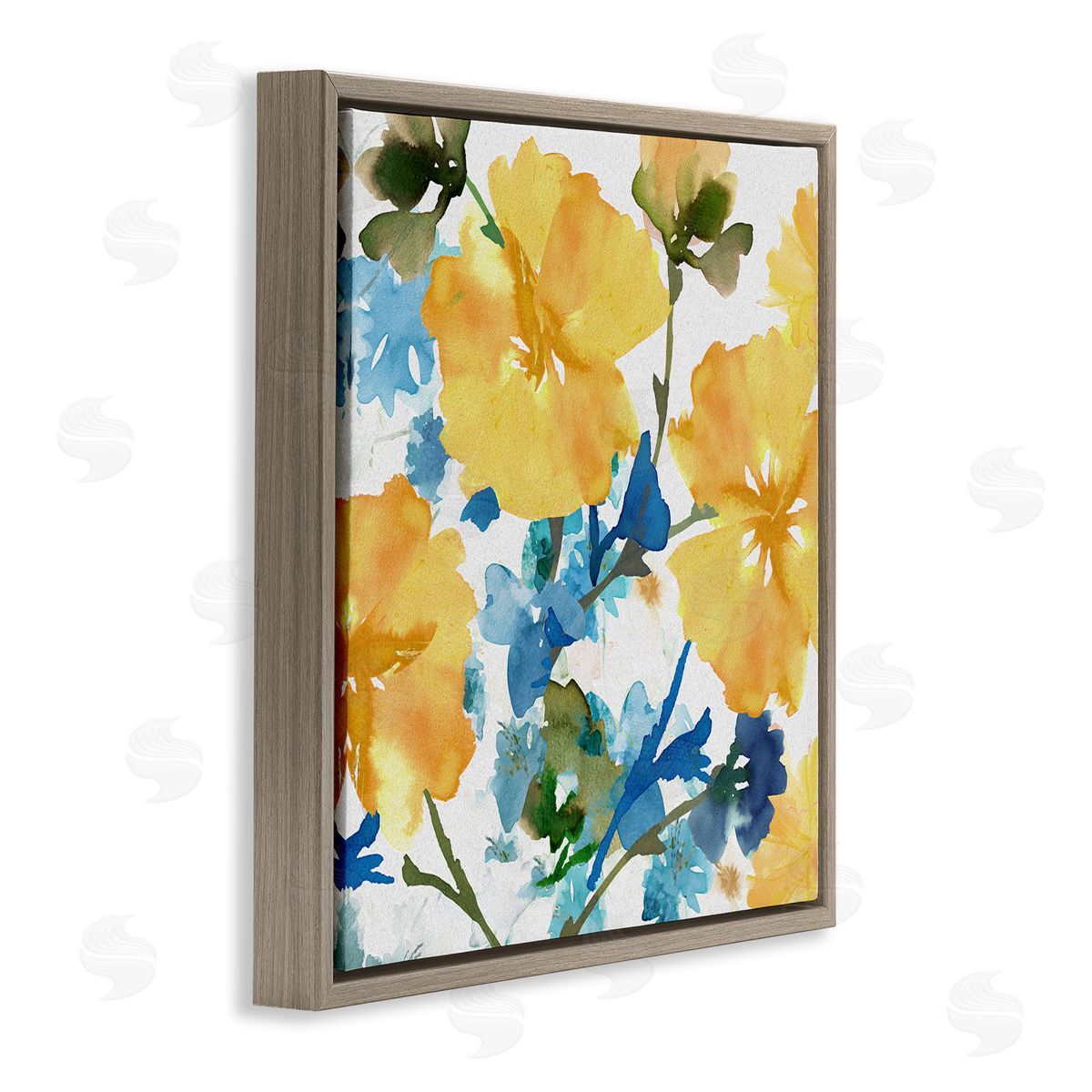 Yellow & Blue Hibiscus Brown Floating Frame Canvas Wall Art, Home Decor by Flora Kouta