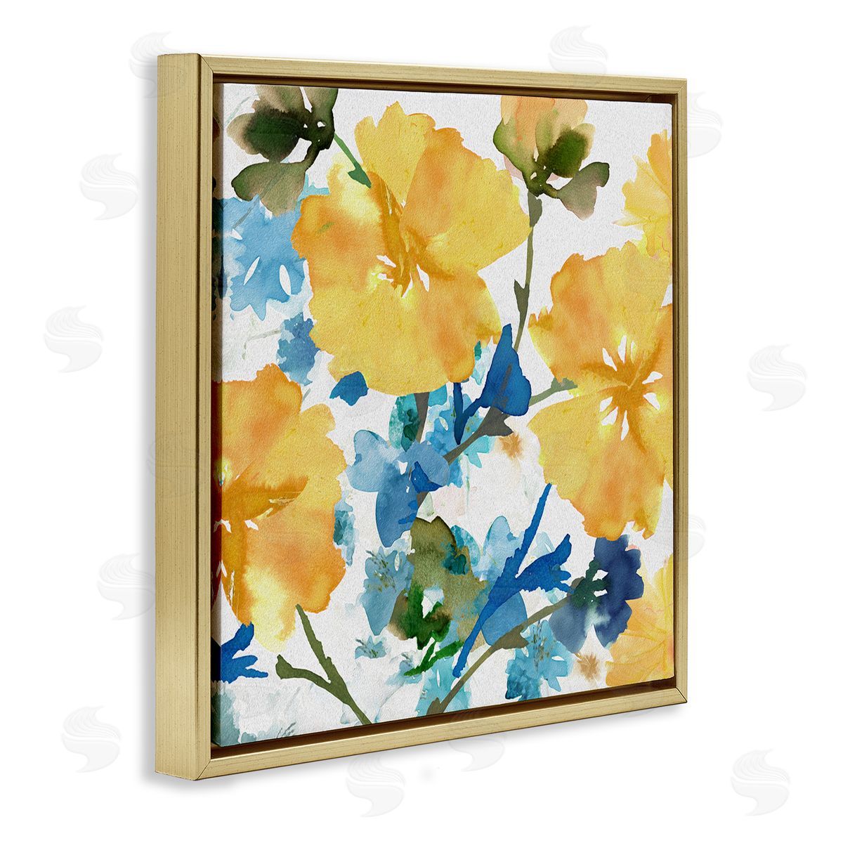Yellow & Blue Hibiscus Gold Floating Frame Canvas Wall Art, Home Decor by Flora Kouta