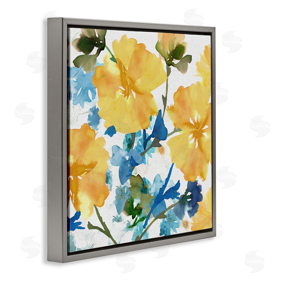 Yellow & Blue Hibiscus Grey Floating Frame Canvas Wall Art, Home Decor by Flora Kouta