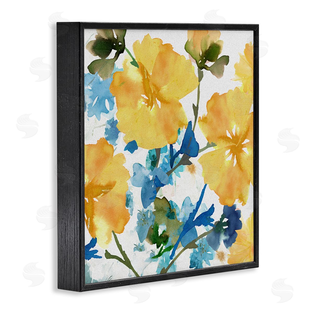 Yellow & Blue Hibiscus Black Frame Print Wall Art, Home Decor by Flora Kouta