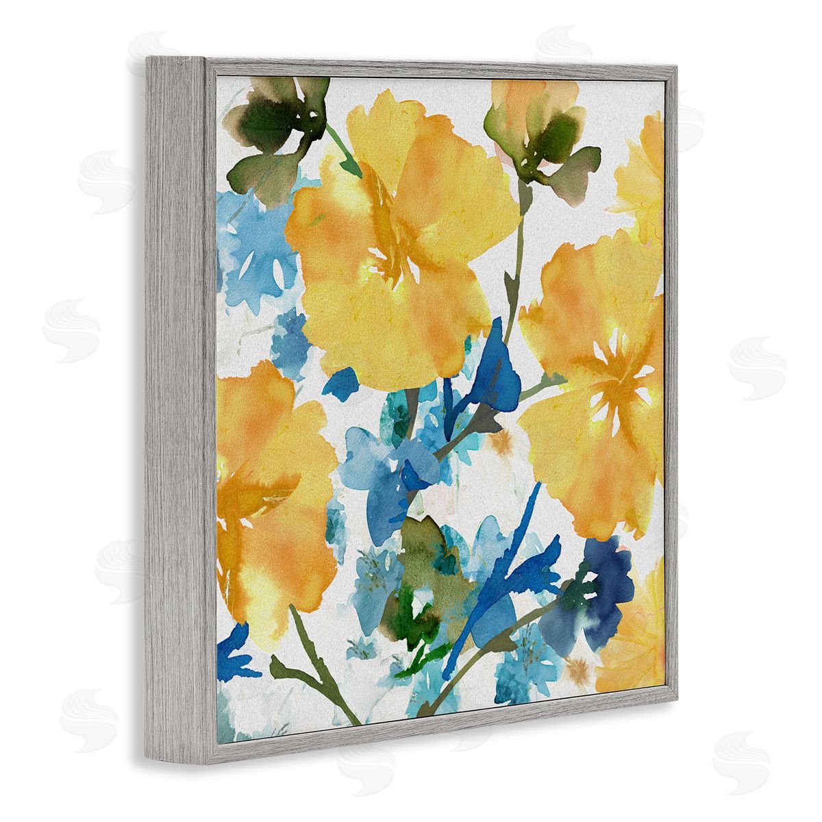 Yellow & Blue Hibiscus Grey Frame Print Wall Art, Home Decor by Flora Kouta
