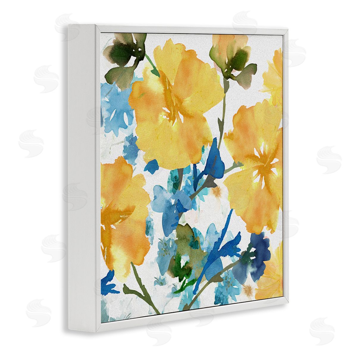 Yellow & Blue Hibiscus White Frame Print Wall Art, Home Decor by Flora Kouta