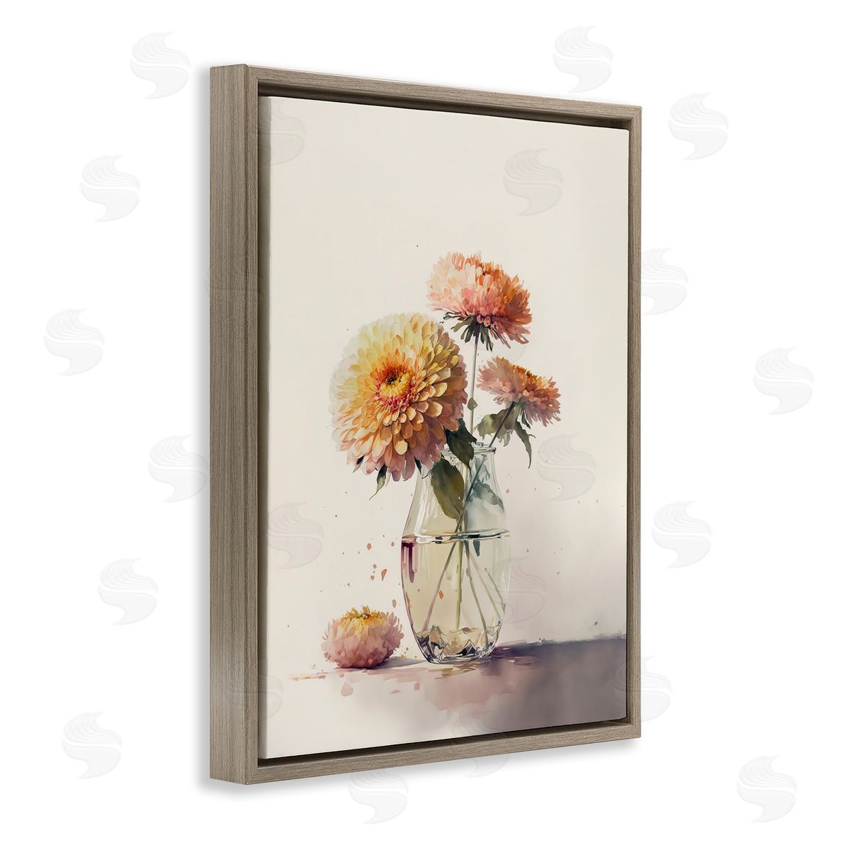 Blooming Dahlias Painting Brown Floating Frame Canvas Wall Art, Home Decor by Leah McLean