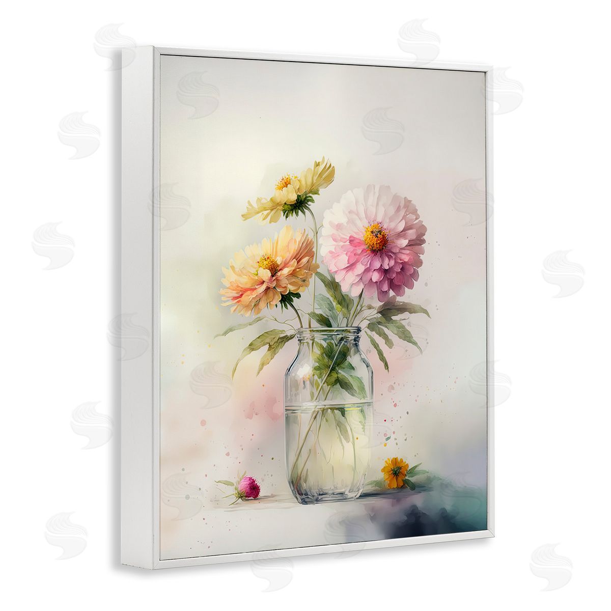 Leah McLean Pink & Yellow Dahlias White Framed Giclee Wall Artside_