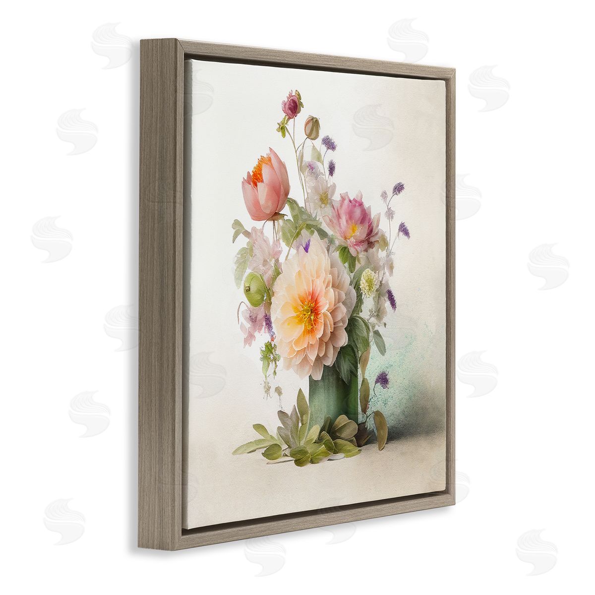 Spring Floral Bouquet Brown Floating Frame Canvas Wall Art, Home Decor by Leah McLean