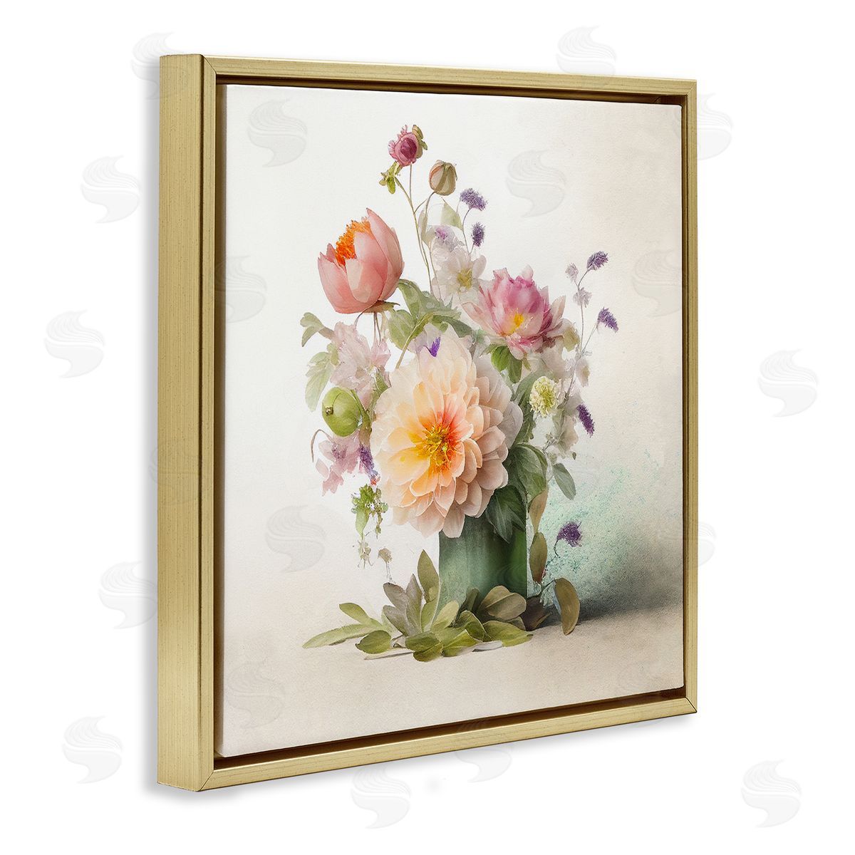 Spring Floral Bouquet Gold Floating Frame Canvas Wall Art, Home Decor by Leah McLean