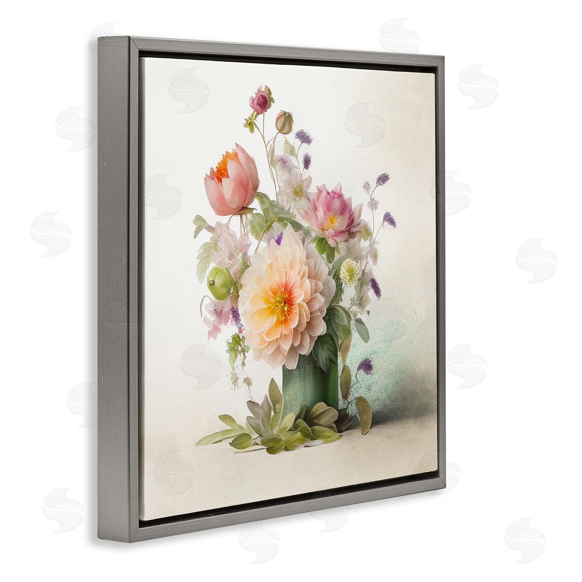 Spring Floral Bouquet Grey Floating Frame Canvas Wall Art, Home Decor by Leah McLean