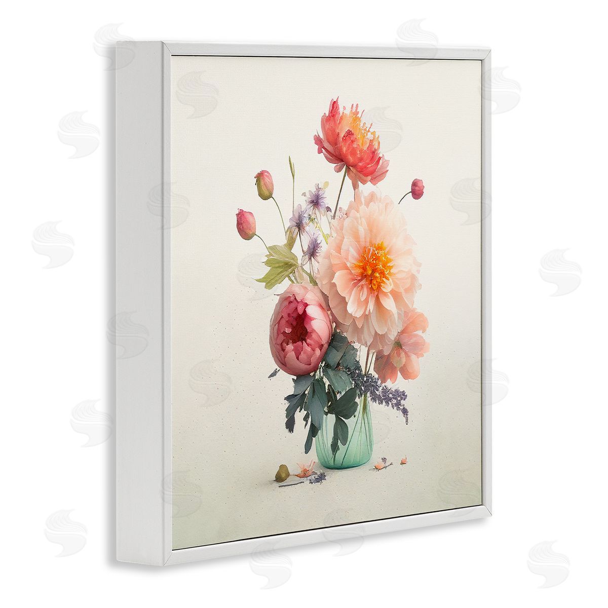 Leah McLean Dahlia & Roses Bouquet White Framed Giclee Wall Artside_
