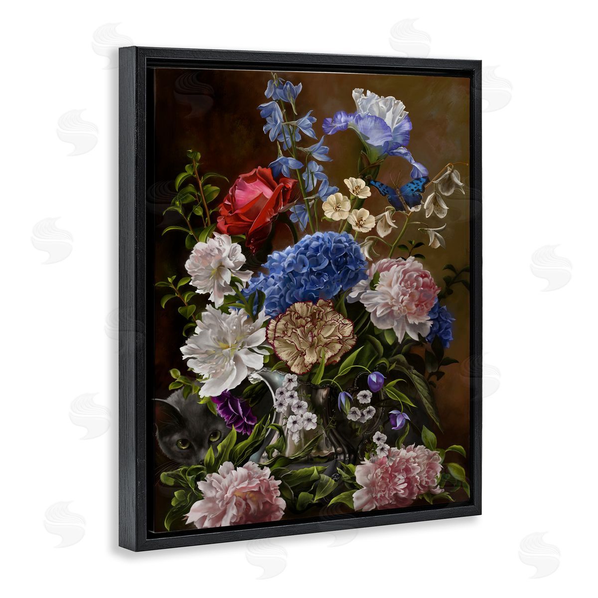 Nene Thomas Vintage Flowers & Cat Black Floater Frame Canvas Artside_