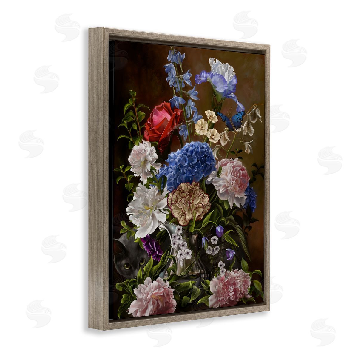Nene Thomas Vintage Flowers & Cat Brown Floater Frame Canvas Artside_