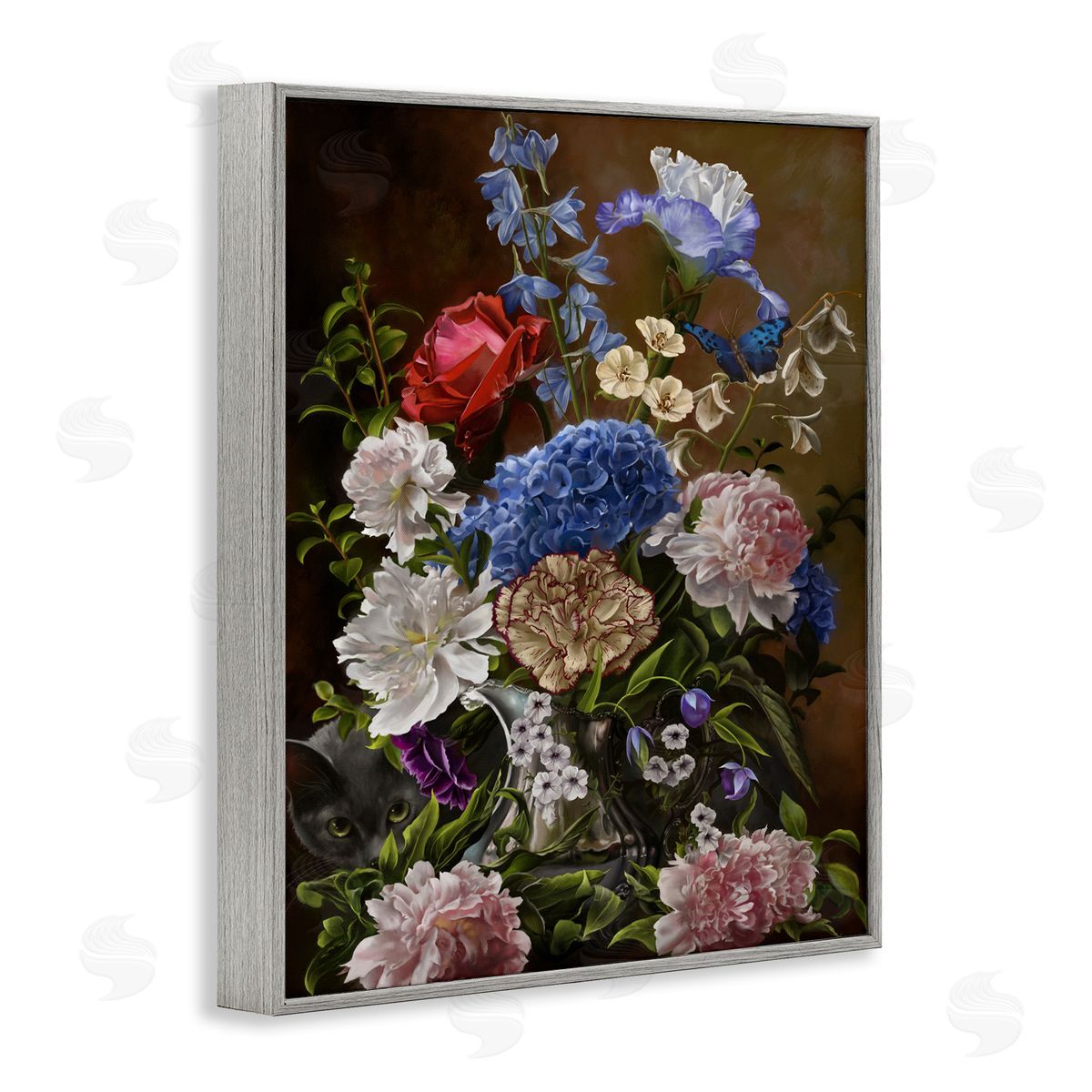 Nene Thomas Vintage Flowers & Cat Gray Framed Giclee Wall Artside_