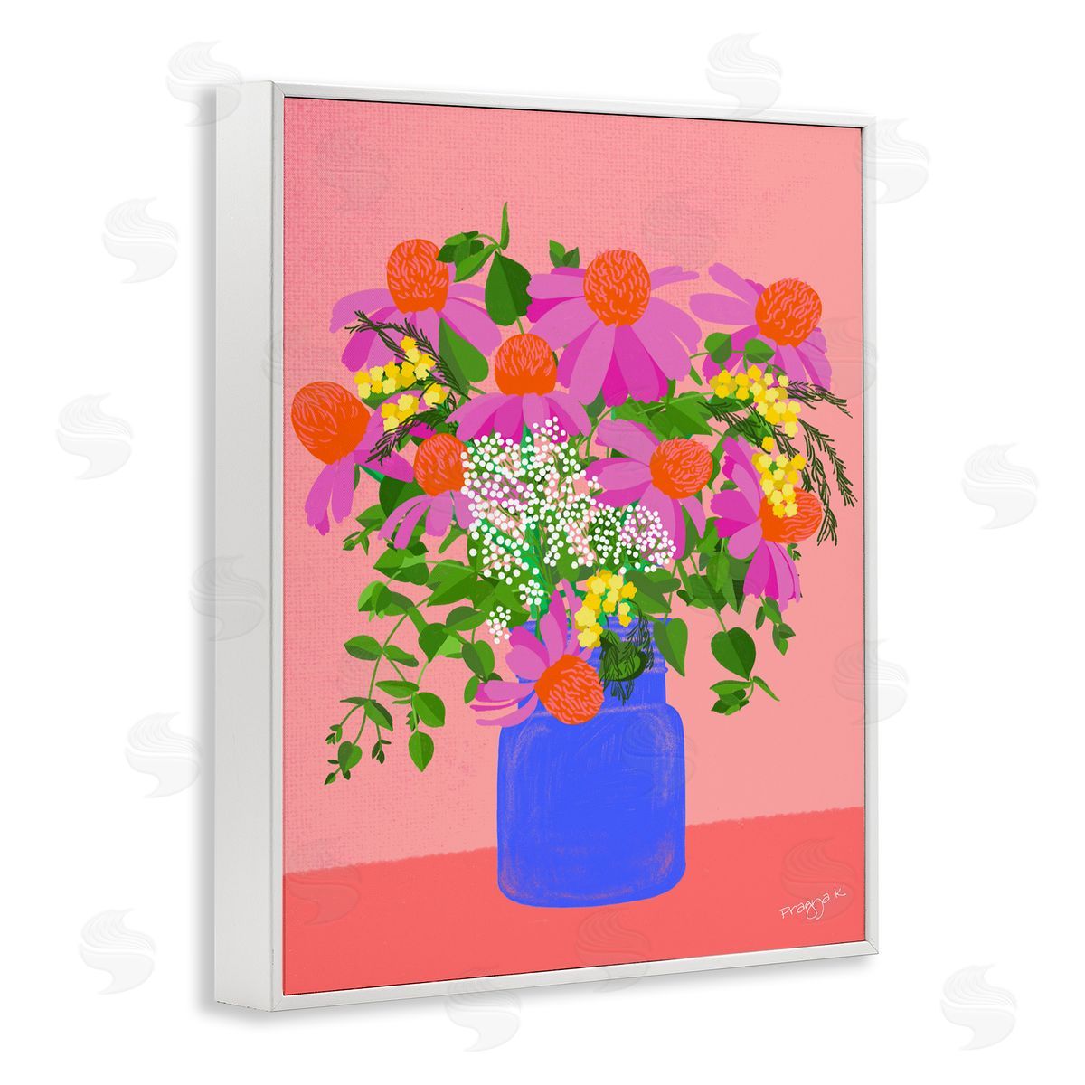 Pragya Kothari Pink Country Daisies White Framed Giclee Wall Artside_