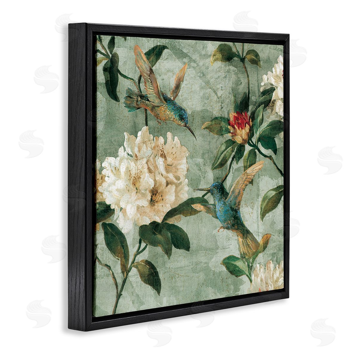 Reneé Campbell Vintage Hummingbird & Flowers Black Floater Frame Canvas Artside_