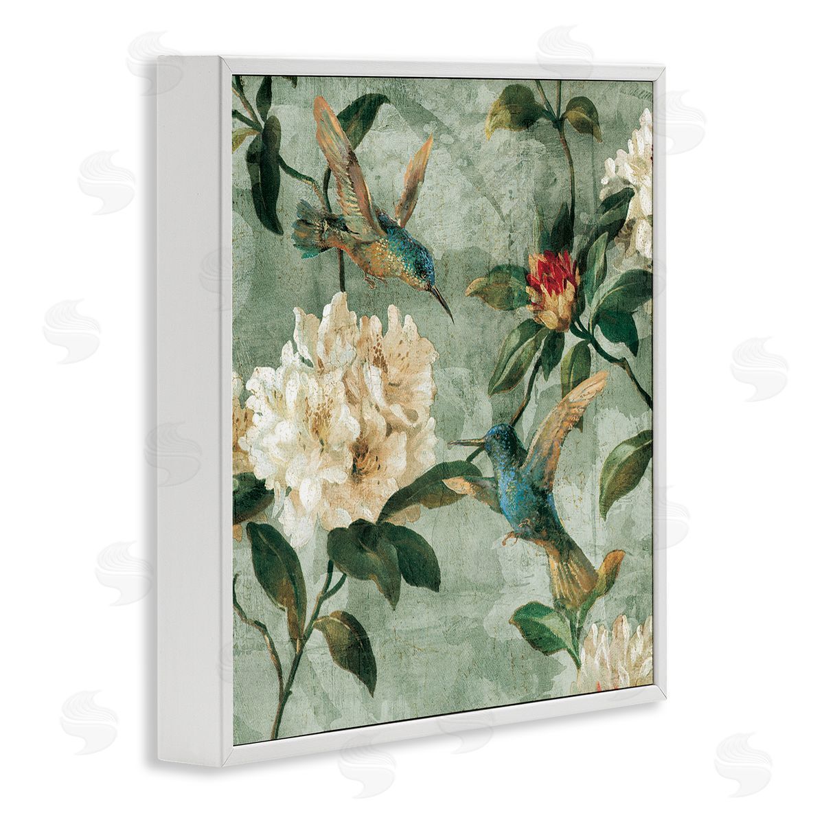 Reneé Campbell Vintage Hummingbird & Flowers White Framed Giclee Wall Artside_