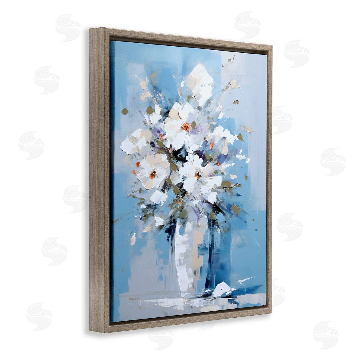 Ray Powers White & Blue Bouquet Brown Floater Frame Canvas Artside_