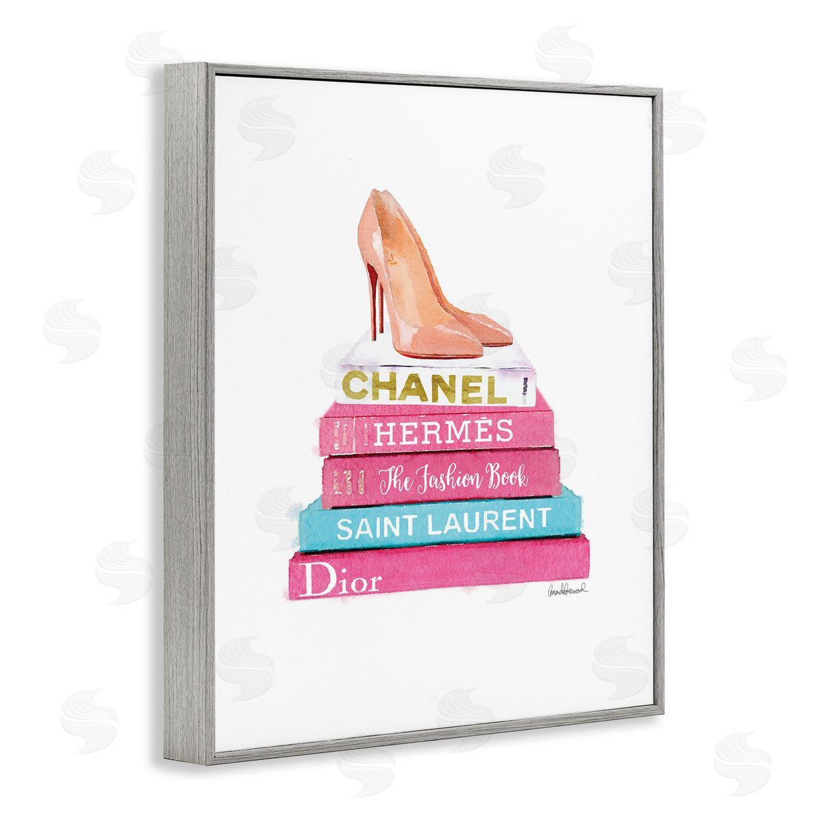 Amanda Greenwood Fashion Bookstack Heels Gray Framed Giclee Wall Artside_