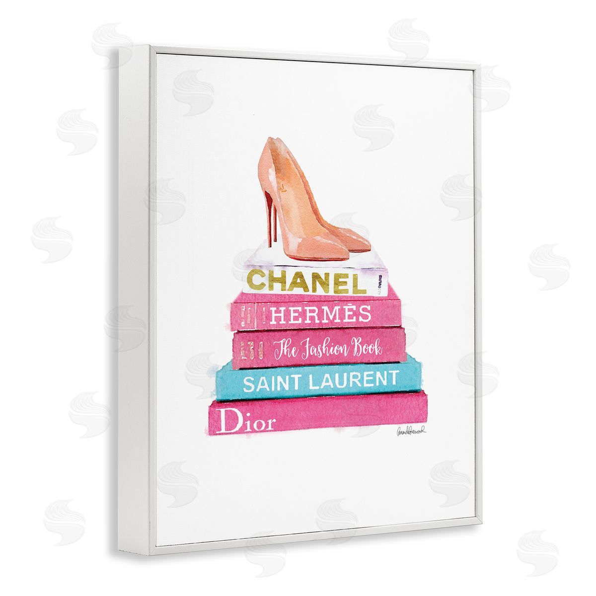 Amanda Greenwood Fashion Bookstack Heels White Framed Giclee Wall Artside_