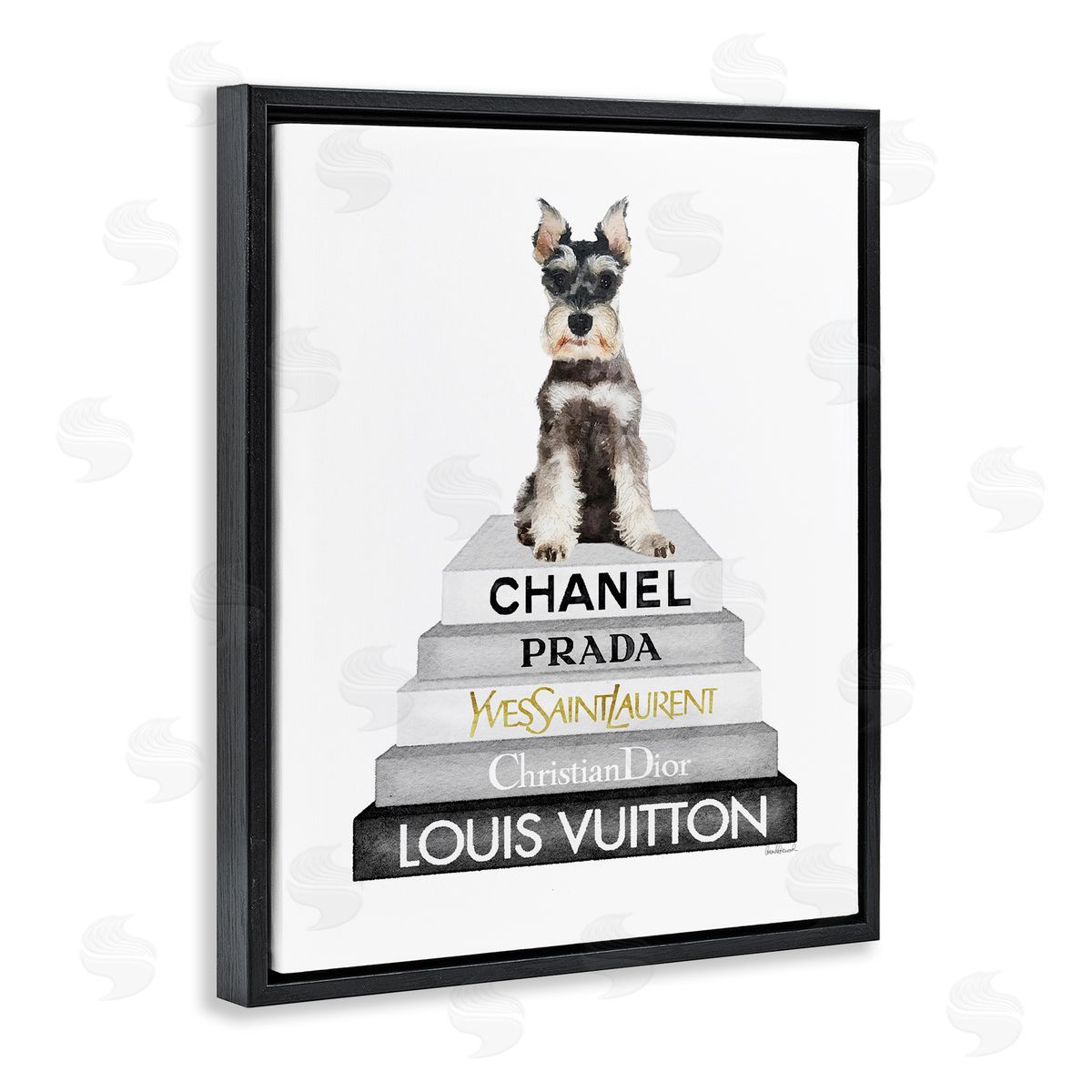 Amanda Greenwood Schnauzer Puppy on Books Black Floater Frame Canvas Artside_