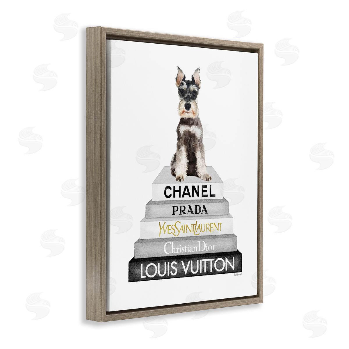 Amanda Greenwood Schnauzer Puppy on Books Brown Floater Frame Canvas Artside_